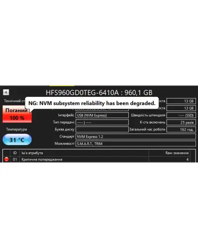 Накопичувач SSD SK Hynix 960Gb NVMe M.2 Gen3x4 (HFS960GD0TEG) [Уцінка]
